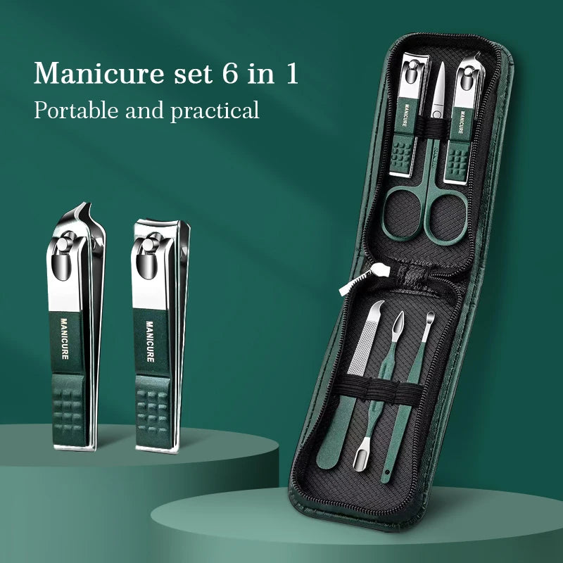 6 Pcs/Bag Portable Luxury Manicure Sets Bright Black Nail Clipper Set Green Nail File Eyebrow Scissors Personal Care Tools