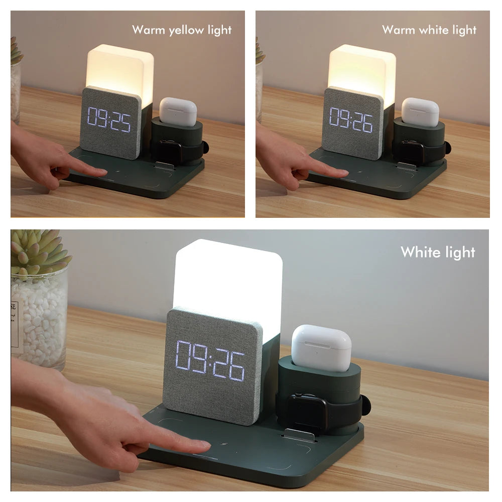 LED Light Bedside Lamp Qi Wireless Charger Dock For iPhone 12 Pro Max Mini AirPods iWatch 8 7 Galaxy Watch Fast Charging Station
