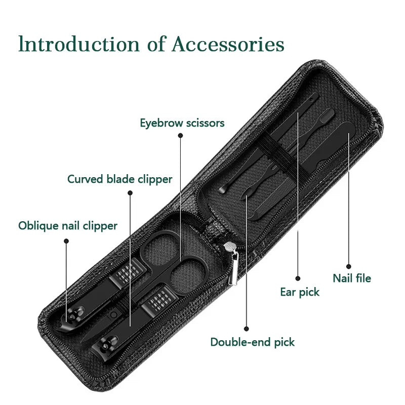 6 Pcs/Bag Portable Luxury Manicure Sets Bright Black Nail Clipper Set Green Nail File Eyebrow Scissors Personal Care Tools