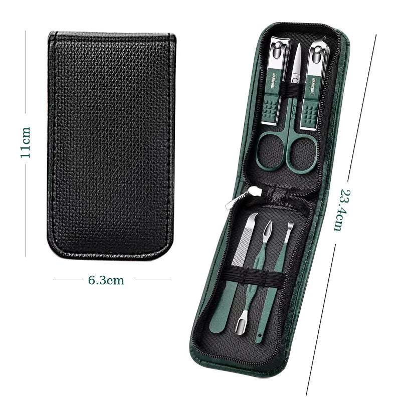 6 Pcs/Bag Portable Luxury Manicure Sets Bright Black Nail Clipper Set Green Nail File Eyebrow Scissors Personal Care Tools